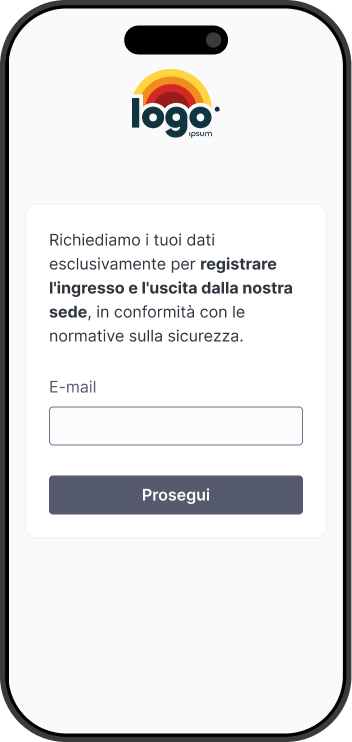 Lo smartphone mostra un form da compilare con l'indirizzo email dell'ospite.